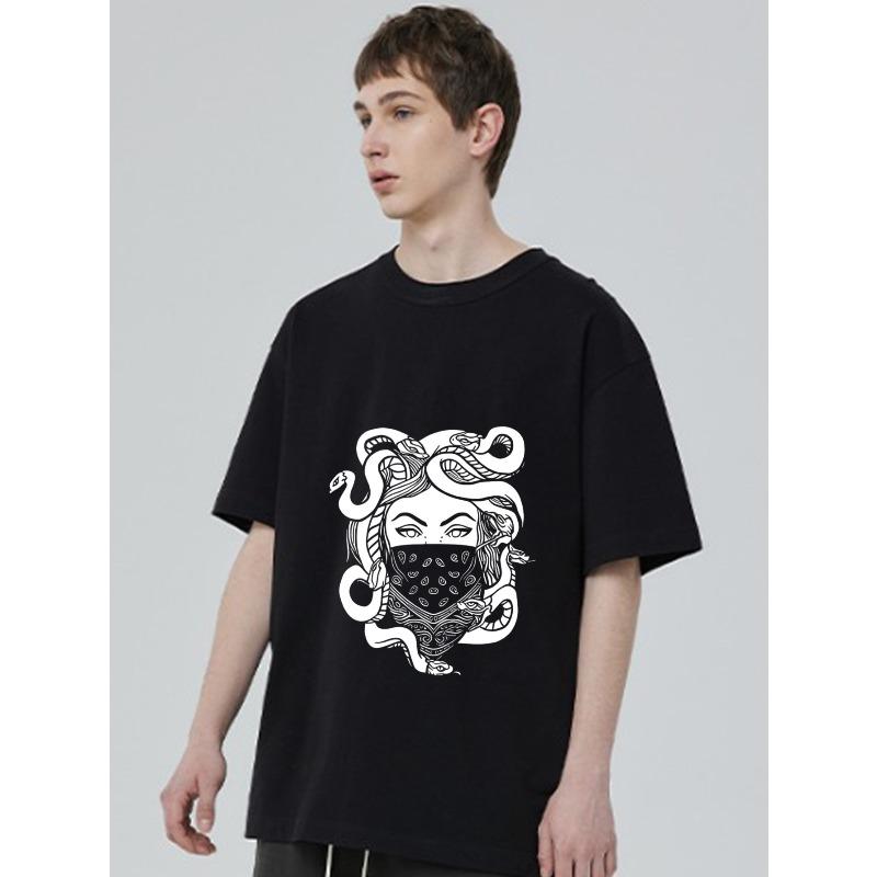 Black T-Shirt with Medusa Snake Head and Bandana Print for Casual Wear