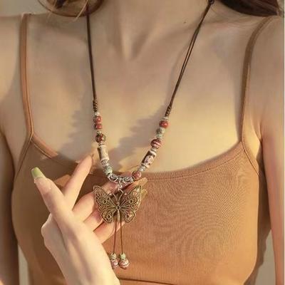 Retro Pendant, Ethnic Style Ceramic Butterfly Bell Necklace, Women's New Trendy Long Sweater Chain with Accessories