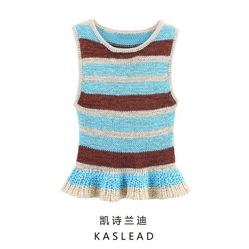 Kaslead New Women clothes Western Style Laminated Decoration Stripe Sleeveless Knitted Top 2142099 330