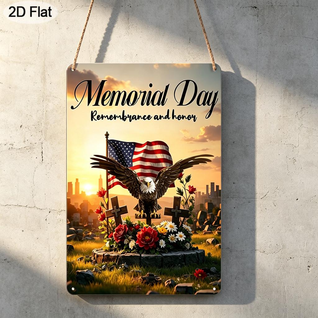 2D Flat 1pc Memorial Day Remembrance and Honor Metal Sign 7.87x11.81inch - Aluminum Patriotic American Flag Eagle Decor for Home, Yard, Veterans