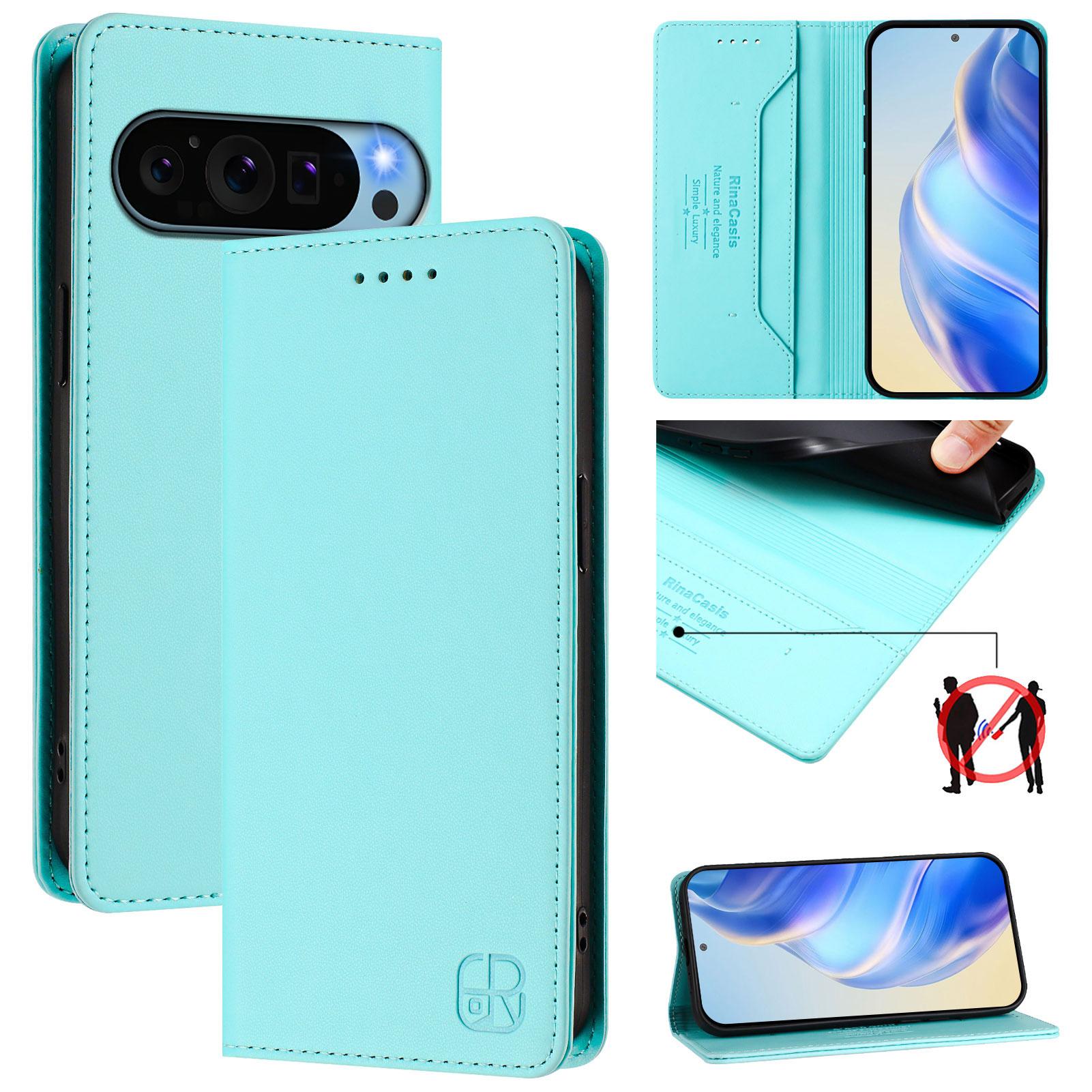 

For Google Pixel 9 Pro/Google Pixel 9 Leather Case RINACASIS RC01 Phone Cover with RFID Blocking Wallet Stand Green