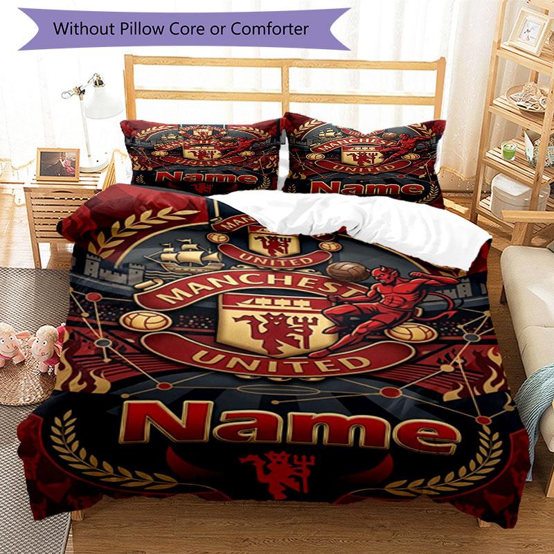 3pcs Duvet Cover Set (1*Duvet Cover + 2*Pillowcase, Without Core), Custom Name Manchester UnitedPattern Bedding Set, Home Bedroom Decor Gift