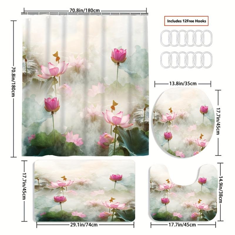 Lush Lotus Shower Curtain Set With 12 Free Hooks: Includes A Waterproof Curtain, Non-Slip Bath Mat, Toilet Seat Cover, And Bathr