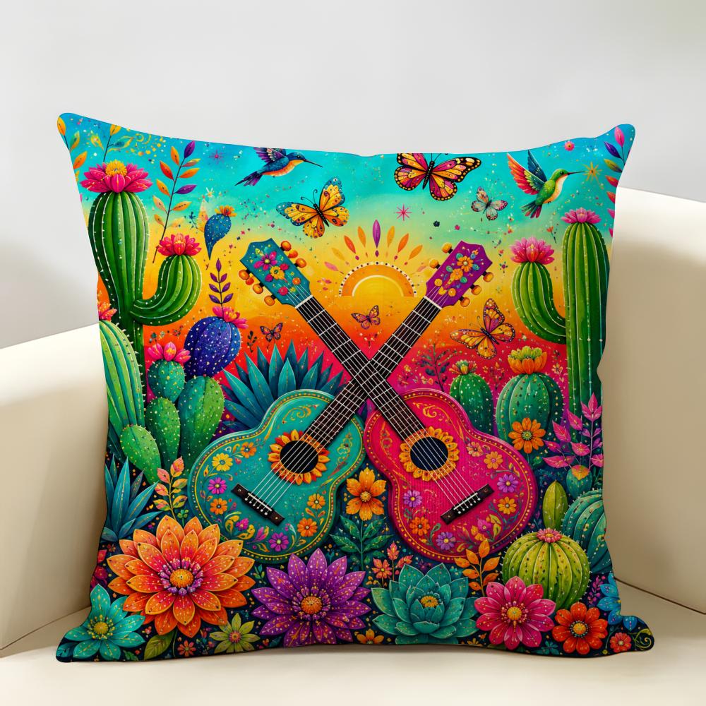Vibrant Boho Mexican Cactus Fiesta Cushion Cover Durable Hypoallergenic Linen Pillow Cover Short Size Washable SkinFriendly