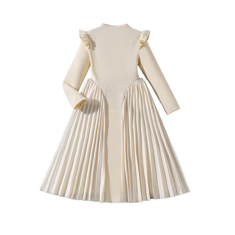 Girls' 8-12 Years Dress – Autumn New Arrival: Stand Collar Elegant Pleated Long-Sleeved Formal Gown