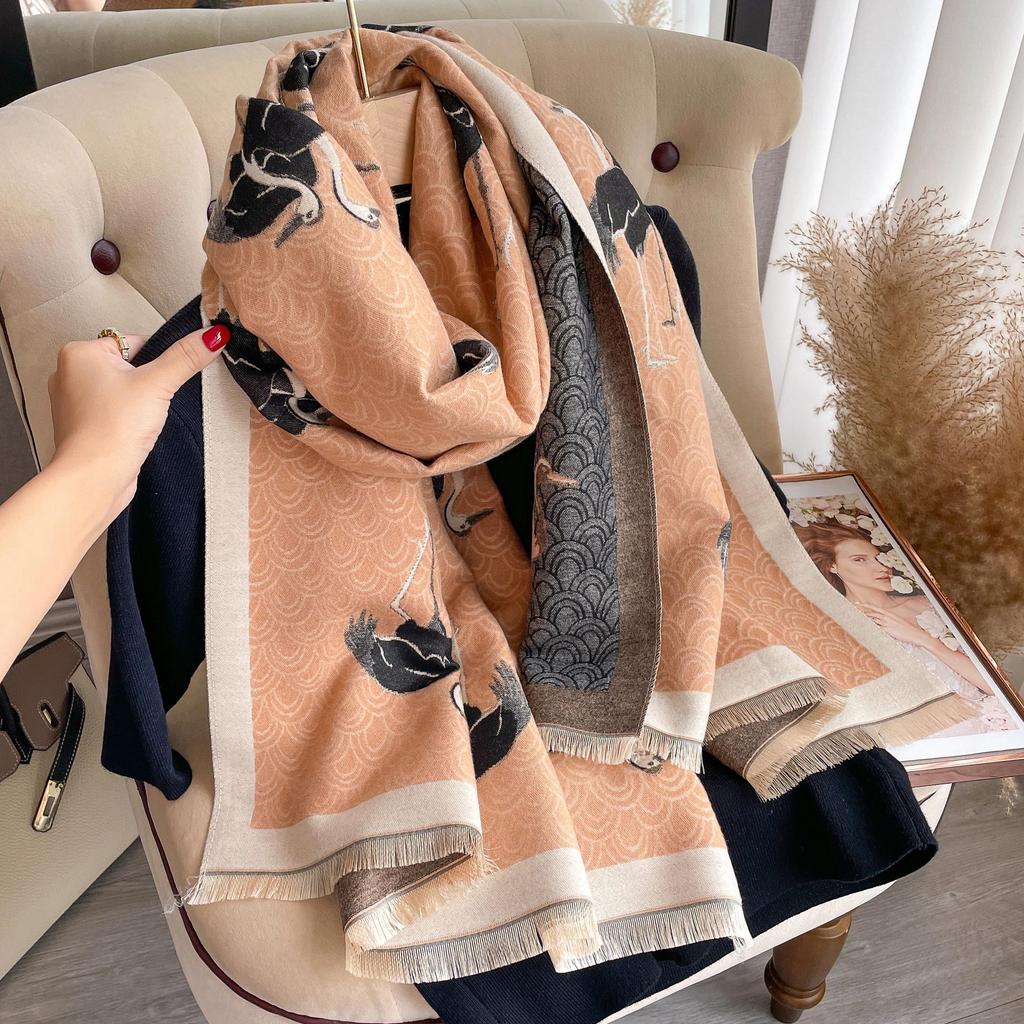 Crane Picture Imitation Cashmere Thickened Scarf Scarf Women'S Extended Printed Fashionable Simple Shawl