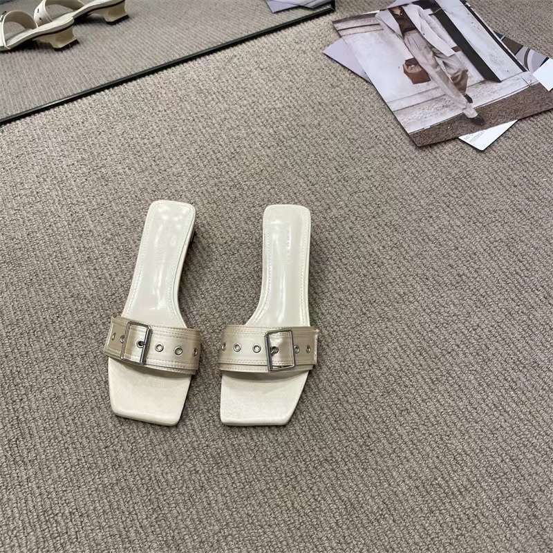 Korean Version of Square Head One-word Drag Rose Red Square Buckle Thin Belt Buckle Square Heel Temperament Low Heel Cool Slippers Women's Summer