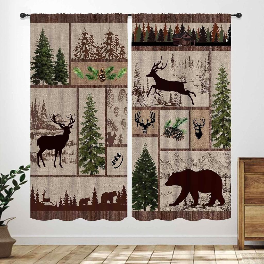 Rustic Deer Curtains,Farmhouse Cabin Lodge Country Forest Hunting Wild Animal Vintage Elk Window Treatments Drapes for Bedroom