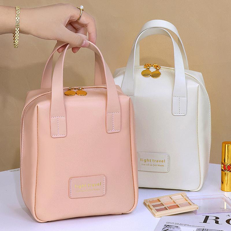 Bolsa de Maquillaje Portátil de Gran Capacidad para Niña con Asa Neceser para Mujer Estuche Organizador de Maquillaje Bolso de Mano Impermeable de Cuero PU