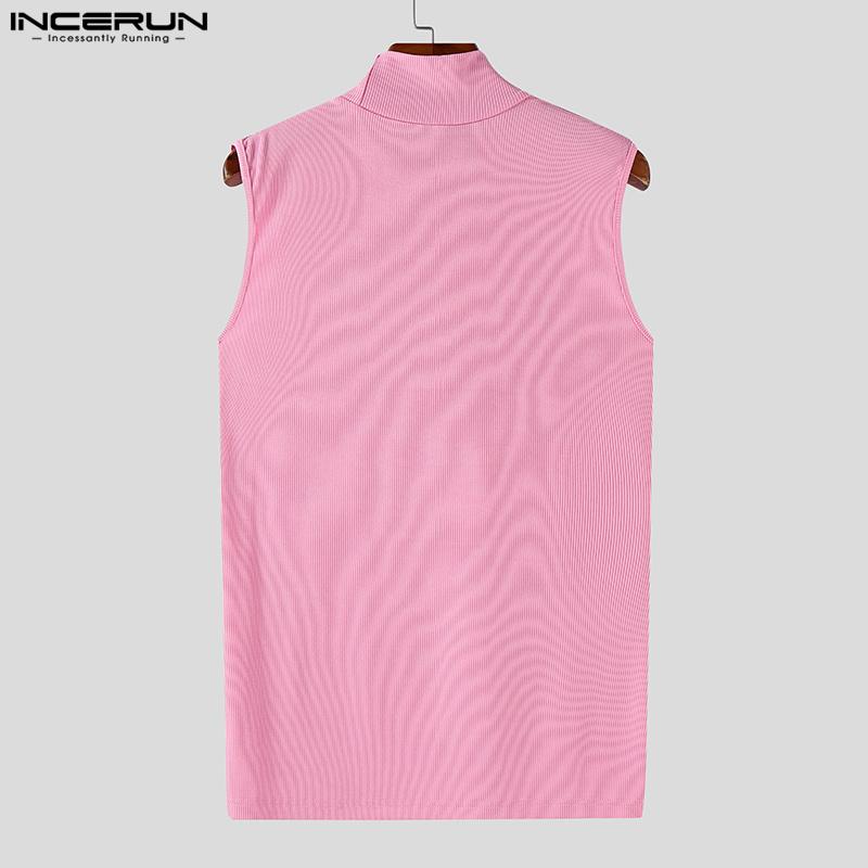 INCERUN Summer Men High Neck Sleeveless Front Cross Rib Skinny Tank Tops T-shirts