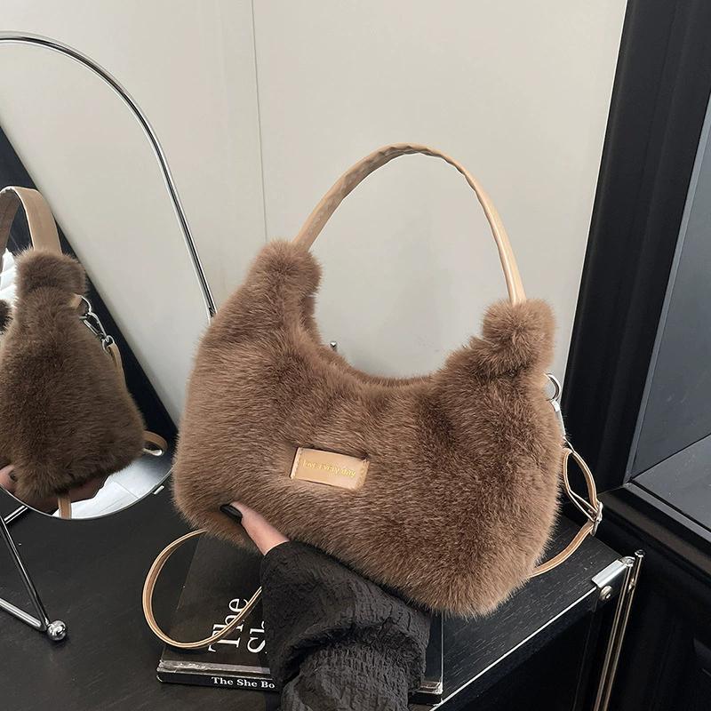 Weiche Plüsch-Umhängetasche für Damen, Niedliche Einfache Muster-Schulterhandtasche, Lässiger Stil für Herbst & Winter