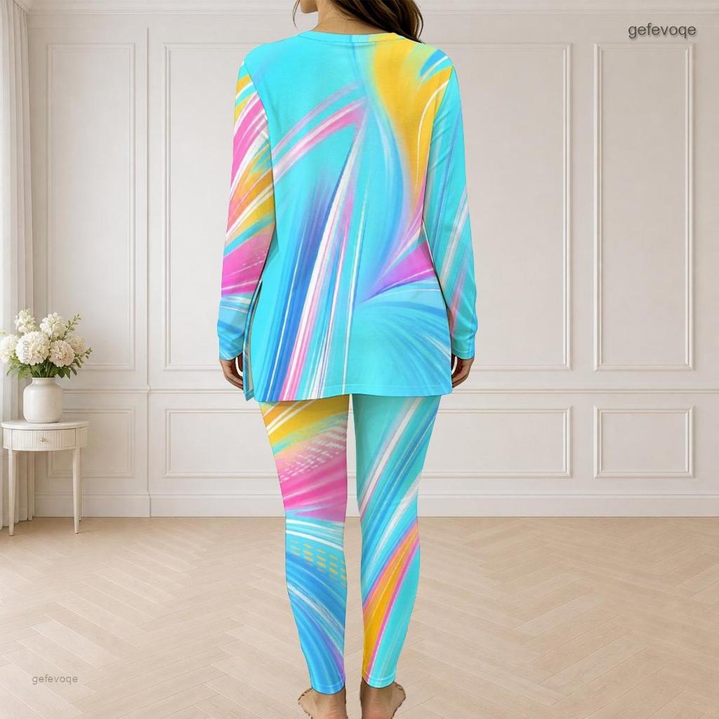Women Plus Size Printed Two Piece Set Half Zip Long Sleeve Longline Top Fitted Pants