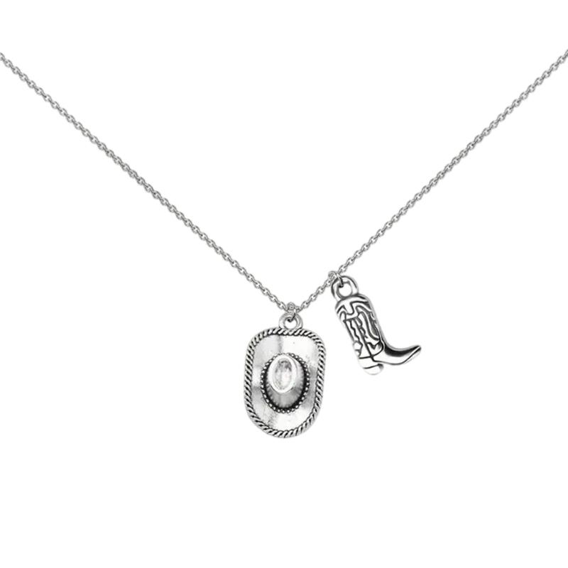 

Retro Western Jewelry Cowboy Hat Boots Charm Necklace Punk Styles Party Gift For Women Silver Tone Neck Chain Adornment 1