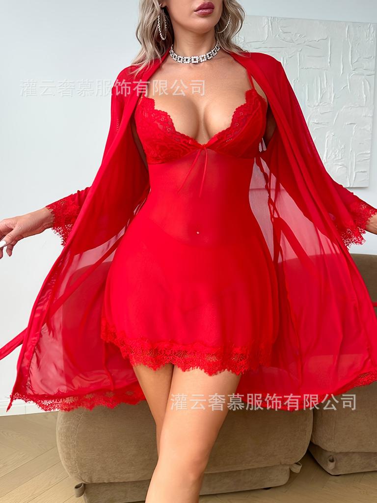 European and American lace sexy pajamas adult erotic underwear perspective women's mesh suspender nightdress