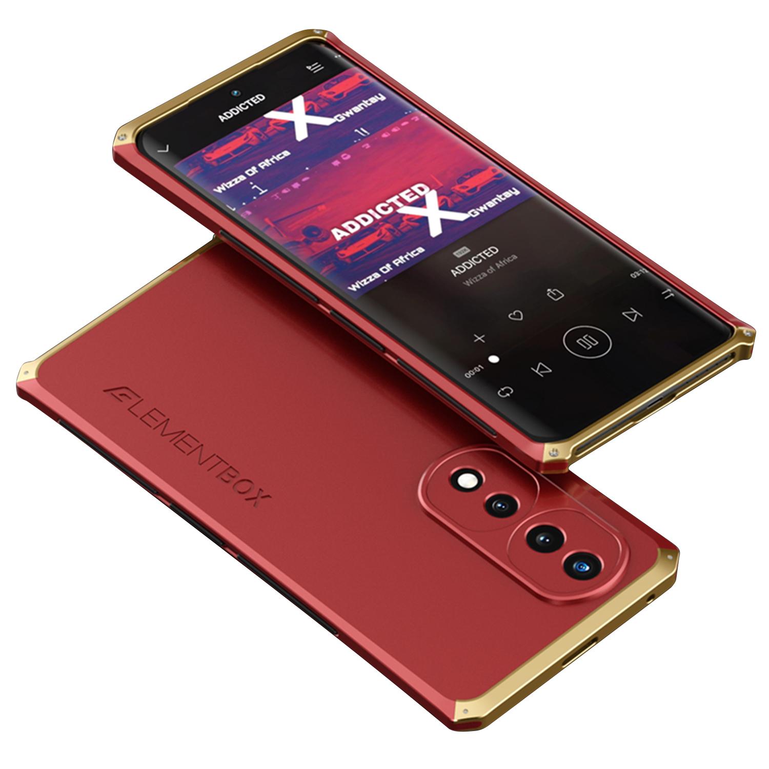 

ELEMENT BOX For Honor 70 5G Hard PC Back Metal Frame Hybrid Case 3-Piece Design Anti-drop Phone Cover Red/Gold