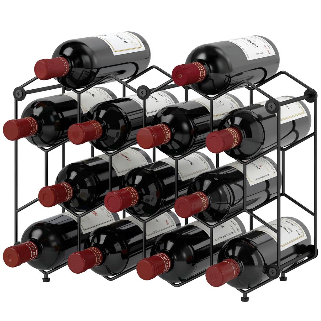 Wine Rack for 13 Bottles Bottle Rack with Honeycomb Design Adjustable Feet Anti-Tip Protection Metal 43 X 15.5 X 31 Cm Black