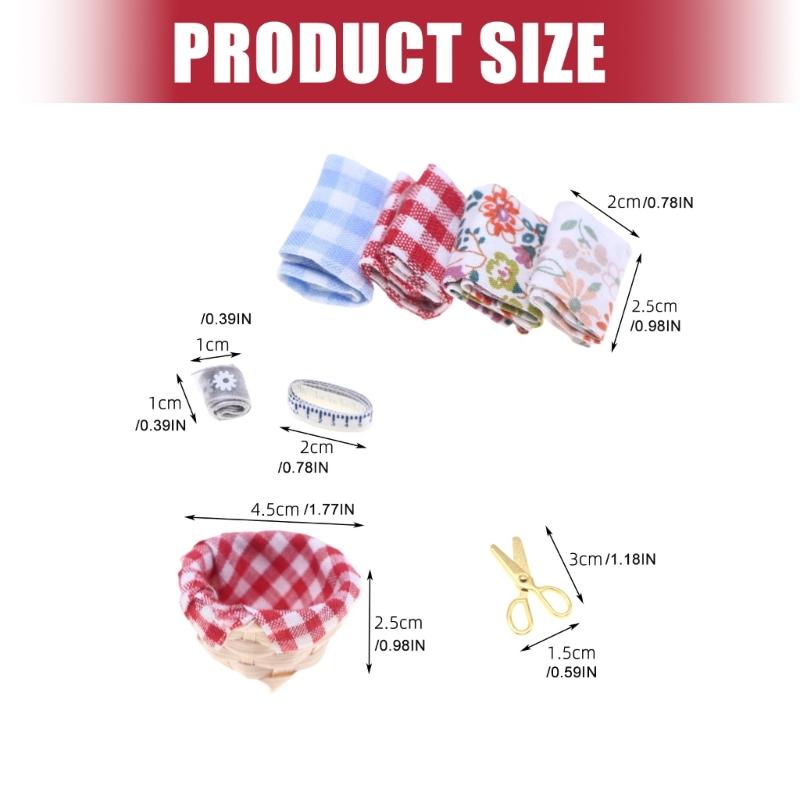 Doll House Miniature Sewing Set Includes Fabric Basket Sewing Tool For Kids Creative Pretend Play and Fine Motor Skill