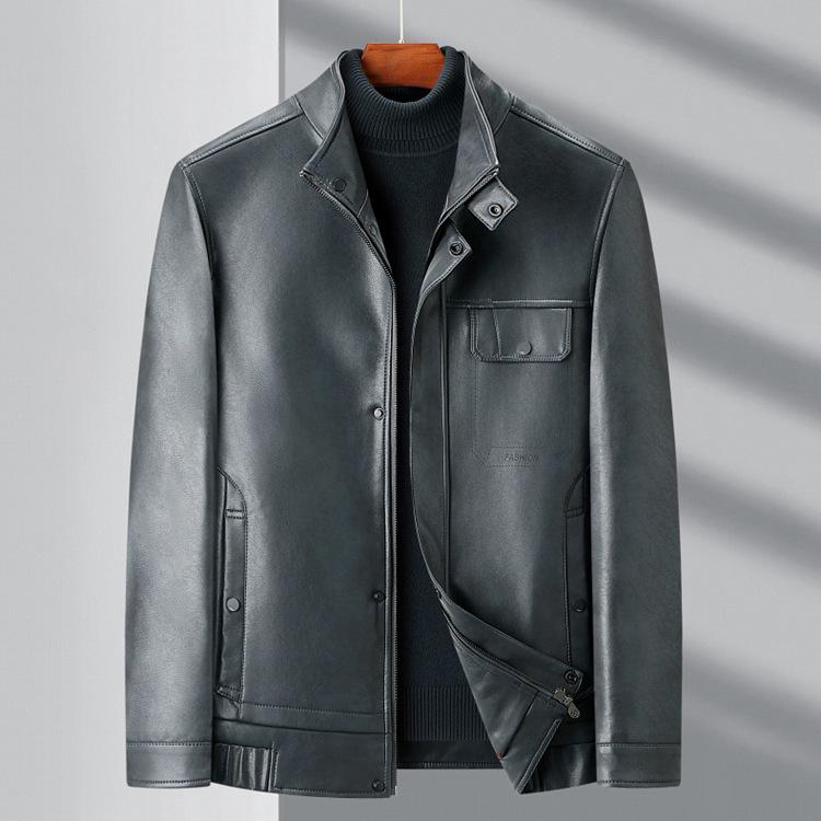 Brand Versatile Men's Stand Collar Leather Jacket, 2025 Spring/Autumn Collection - Cool Motorcycle Style for Mid-Aged and Young Men
