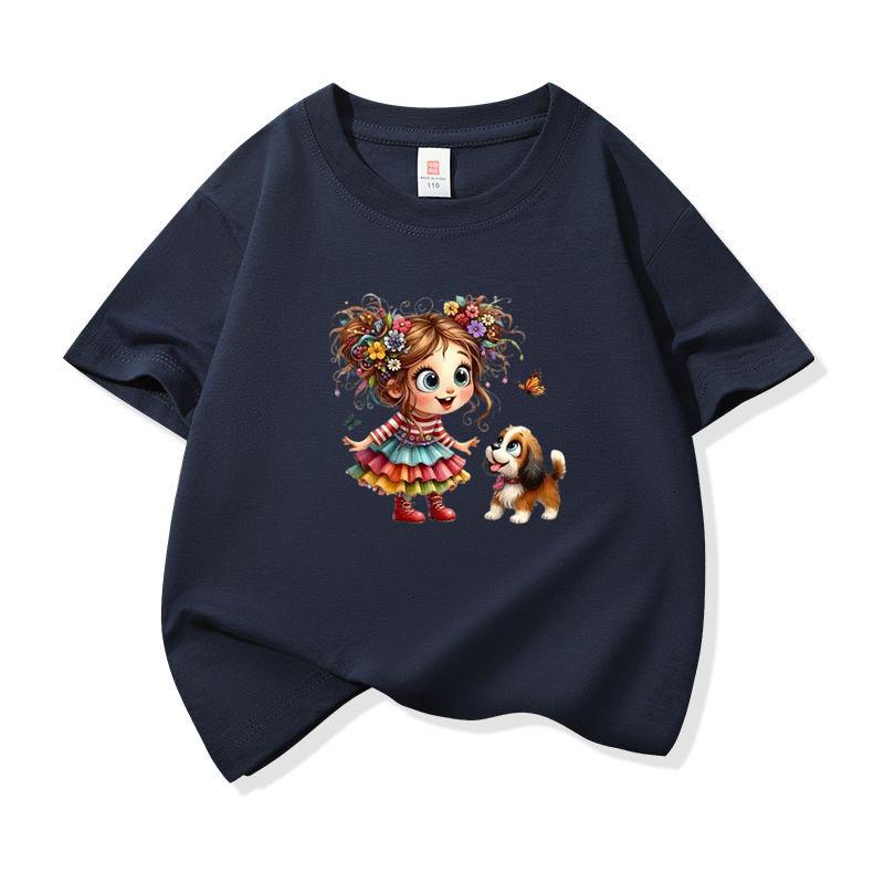 Kids Cotton T Shirt Girl Wear Colorful Dress With Puppy Dog Print Crew Neck Short Sleeve Tee Casual Boys Girls Summer Tops