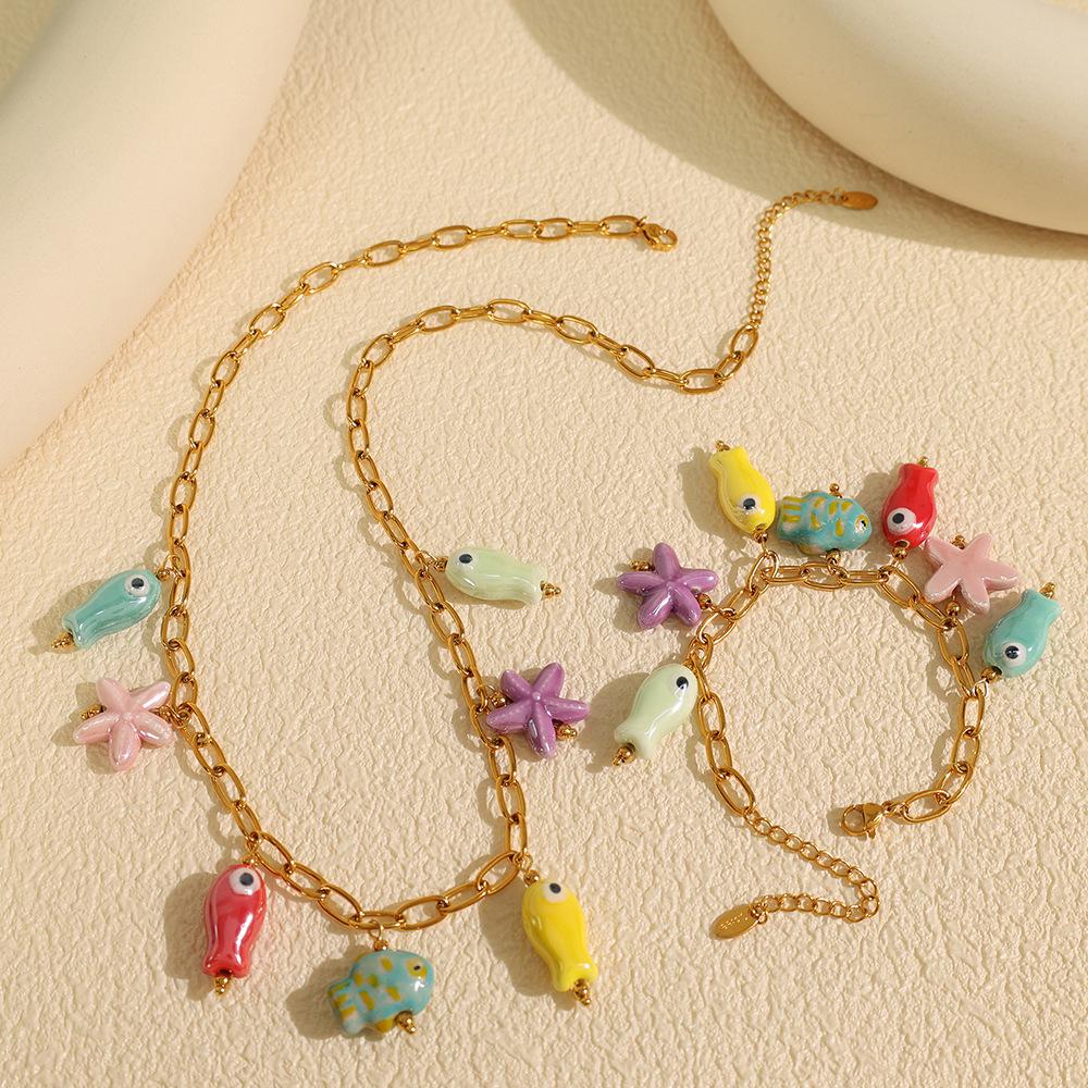 Ocean Fish Titanium Steel Bracelet: Starfish & Colorful Ceramic Pendant Necklace for Women