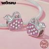 WOSTU 925 Silver Pink Girl Butterfly Charm Car Bead Rainbow Heart Pendant Fit Necklace Bracelet DIY Birthday Jewelry Making