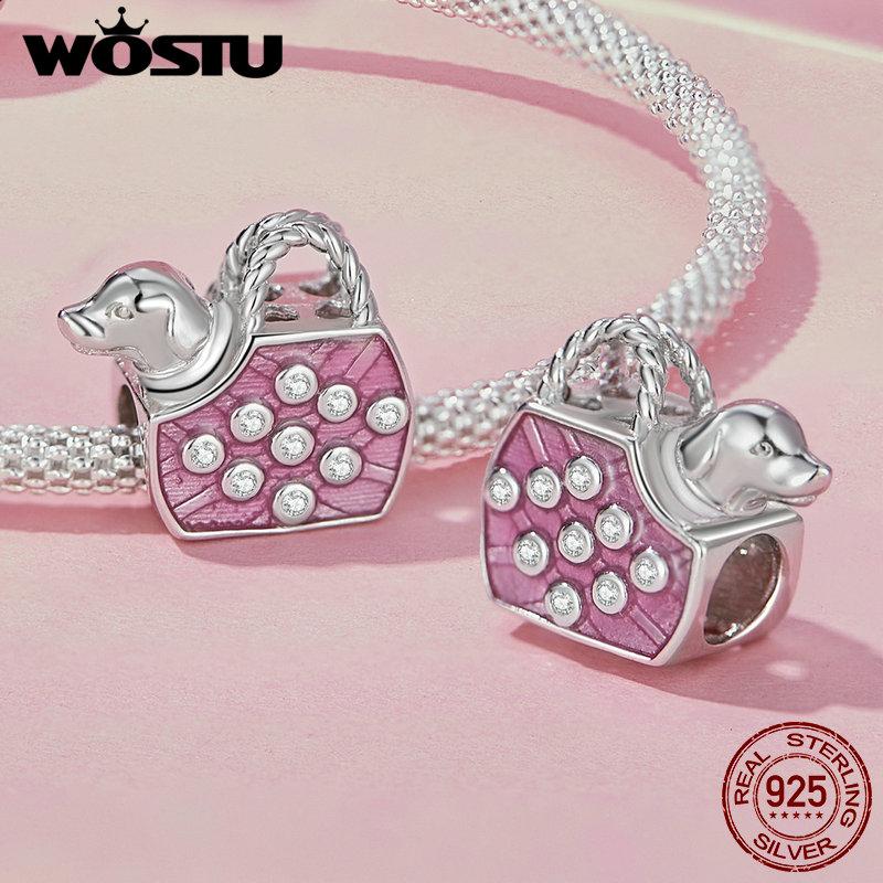 WOSTU 925 Silver Pink Girl Butterfly Charm Car Bead Rainbow Heart Pendant Fit Necklace Bracelet DIY Birthday Jewelry Making