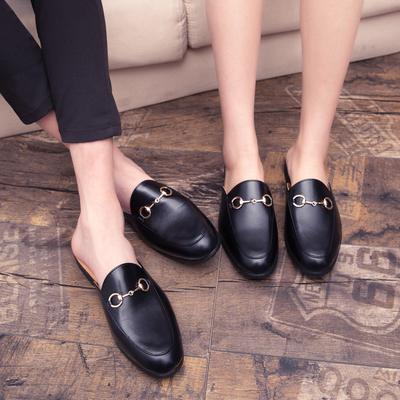 Half Slippers Summer No Heel Lazy Couple Slippers Horse Buckle Bean Shoe Leather Slippers