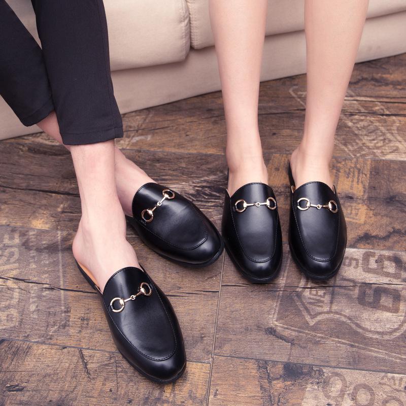 Half Slippers Summer No Heel Lazy Couple Slippers Horse Buckle Bean Shoe Leather Slippers