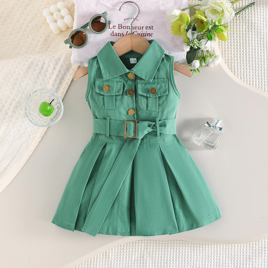Girls' Solid Color Sleeveless Belted Dress