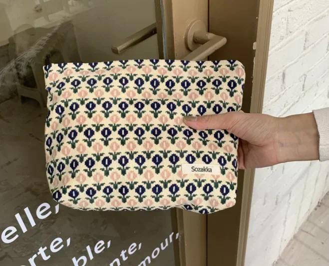 Women Floral Beauty Cosmetic Bag Makeup Case Organizer Korean Embroidery Corduroy Travel Large Wash Toiletry Storage Bag Pouch