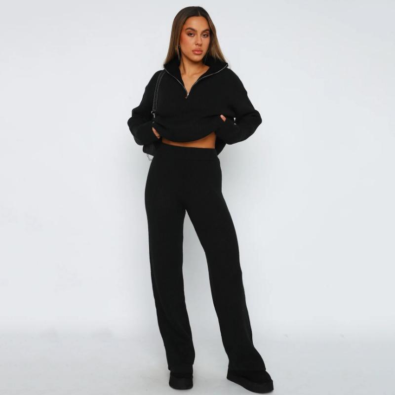 Mode Damen Strickhosenanzug Lässig Umlegekragen Halber Reißverschluss Lange Ärmel Locker Zweiteiliges Set Dame Herbst Winter Lässig Indoor-Sets