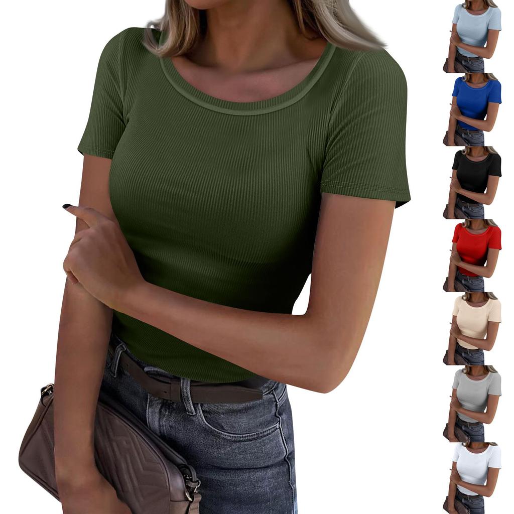 Ladies Summer Fashion Casual Solid Color Round Neck Short Sleeve Slim Ribbed Top