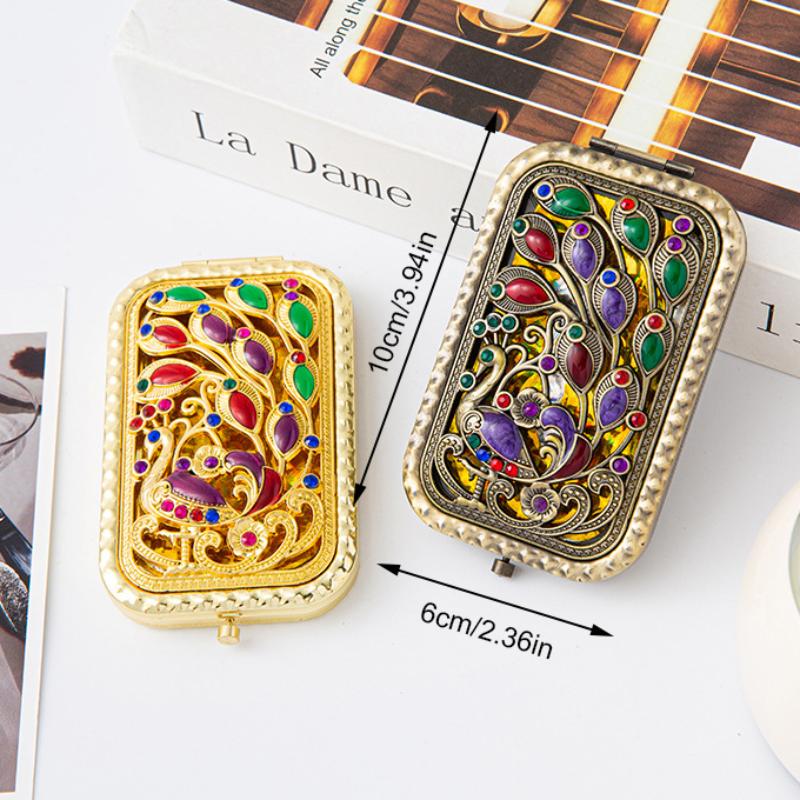Foldable Retro Handheld Makeup Mirror Peacock Printed Compact Pocket Mirror Double Sided Rectangular Makeup Dressing Mirror