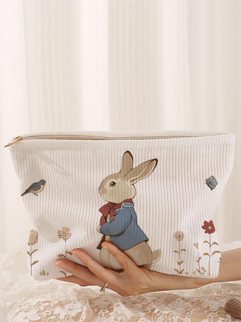 1 rabbit patterned corduroy makeup bag, lightweight zipper makeup storage box, multifunctional bag with lining