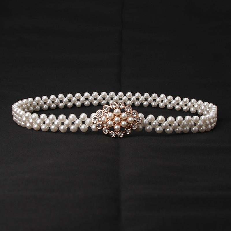 

Ladies Pearl Waist Chain, Korean Version Water Diamond Pearl Decorated Belt, Fashionable and Sweet Dress, Elastic Belt for Women