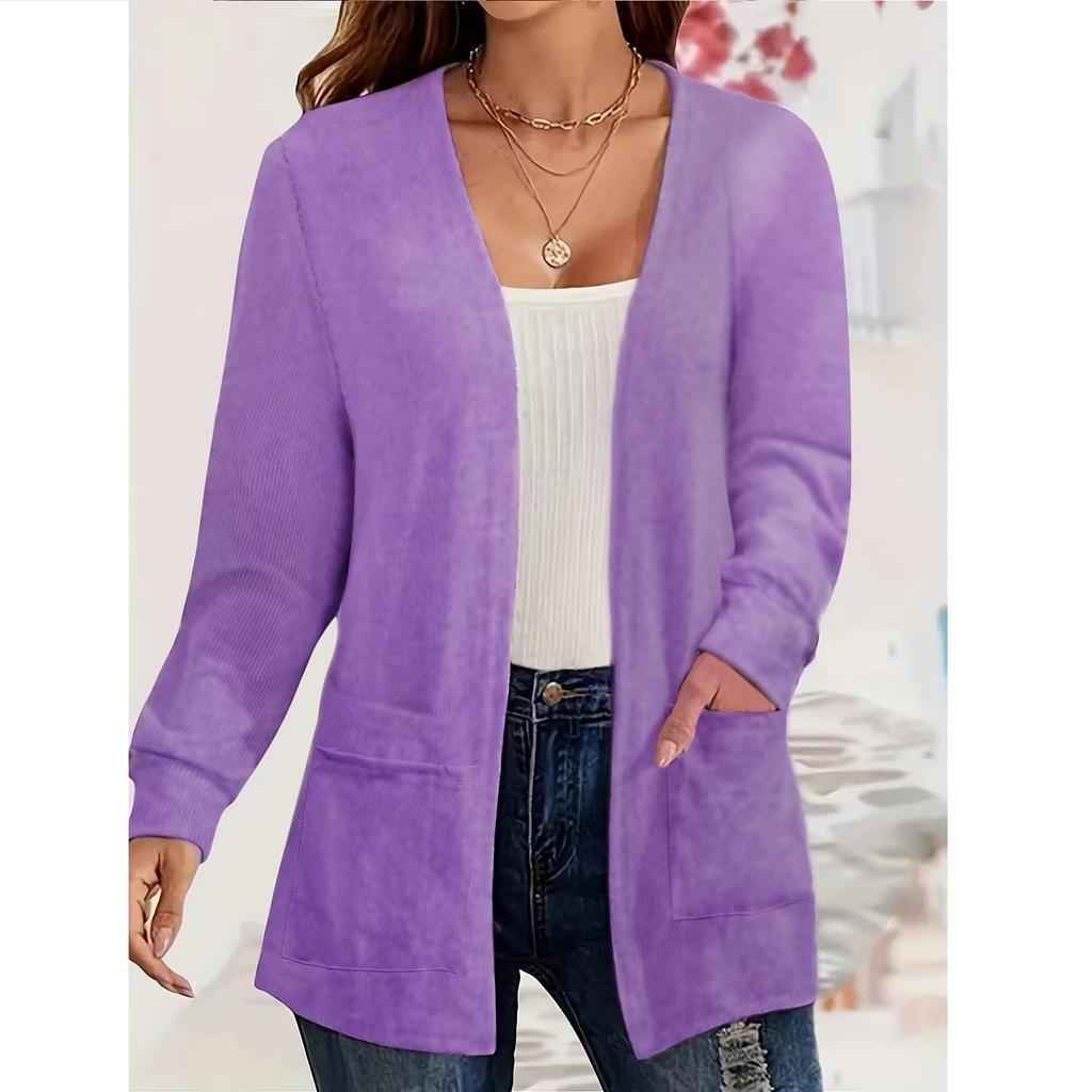 Dámský jednobarevný kapsáčový volný tenký kardigan s dlouhým rukávem