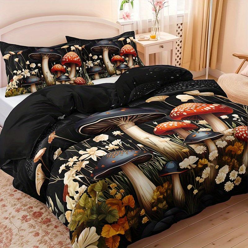 3Pcs Botanical Mushroom Bedding Duvet Cover Set Dark Fantasy Mushroom Bedding Quilt Set Floral Mushroom Themed Bed Quilt Set