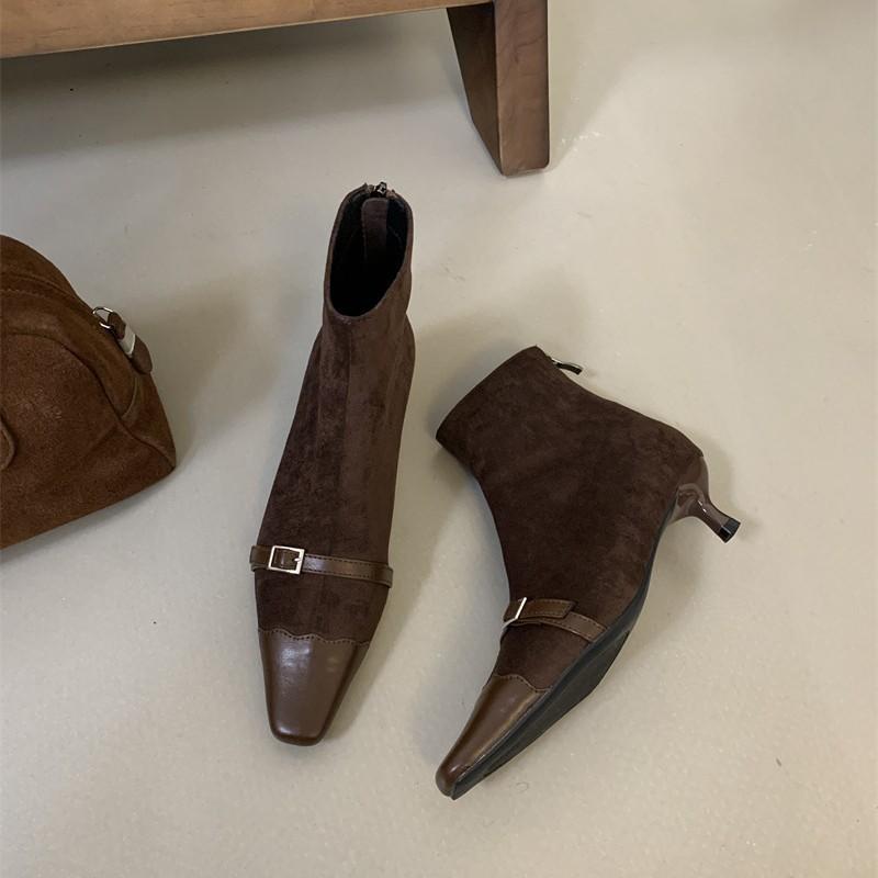 2025 New Autumn and Winter Korean Maillard Wears High-heeled Short Boots, Suede Rear Zipper Retro Square Head Short Boots for Women