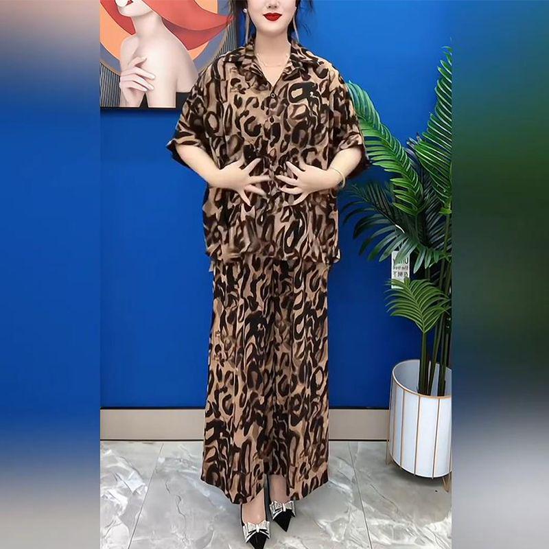 

Лето 2025 Комплект из двух предметов большого размера с леопардовым принтом для женщин среднего возраста - Повседневный и стройнящий 4XL (160-180 lbs)