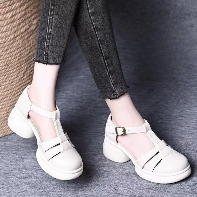 New Women's Shoes with A Round Toe, Shallow Opening, One-button, Thick Heel and Thick Sole with Cutout