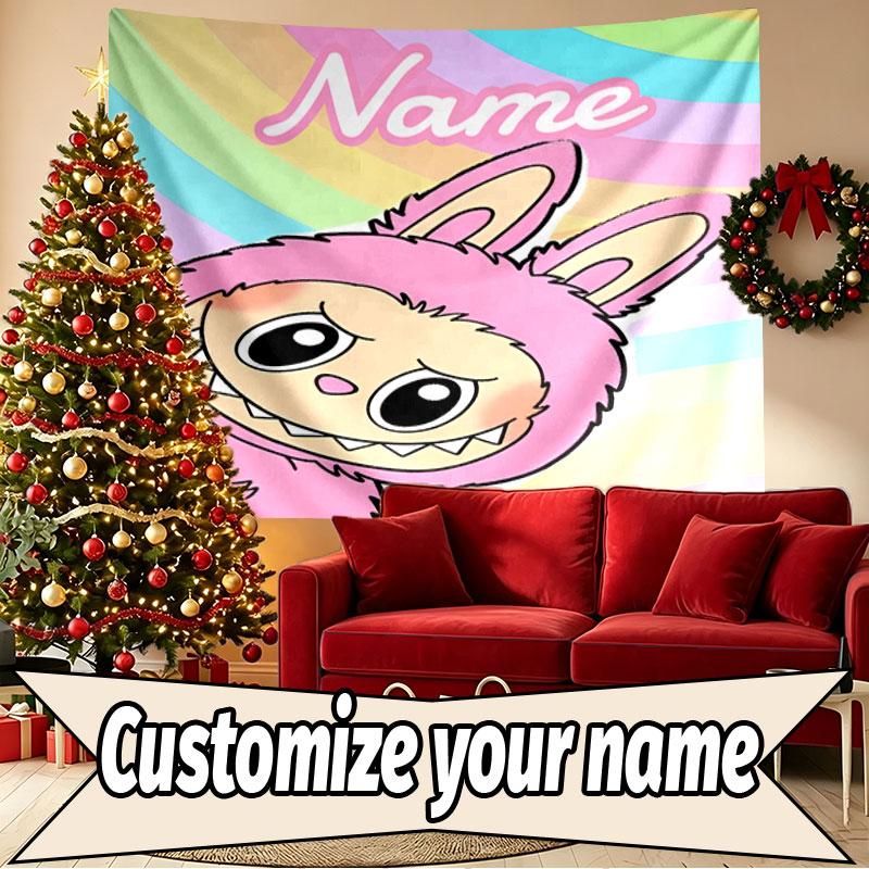 Custom Name Personalized Labubu Print Tapestry, Wall Art Decor, Bedroom, Dorm, Apartment, LivingRoom, Party Backdrop, Gift for Birthday