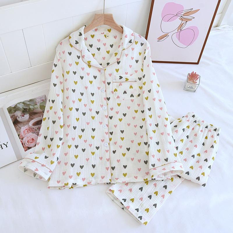 Spring New Ladies Pajamas Set Heart Printed Crepe Cotton Double-layer Gauze Turn-down Collar Long-sleeve Trousers Household Wear