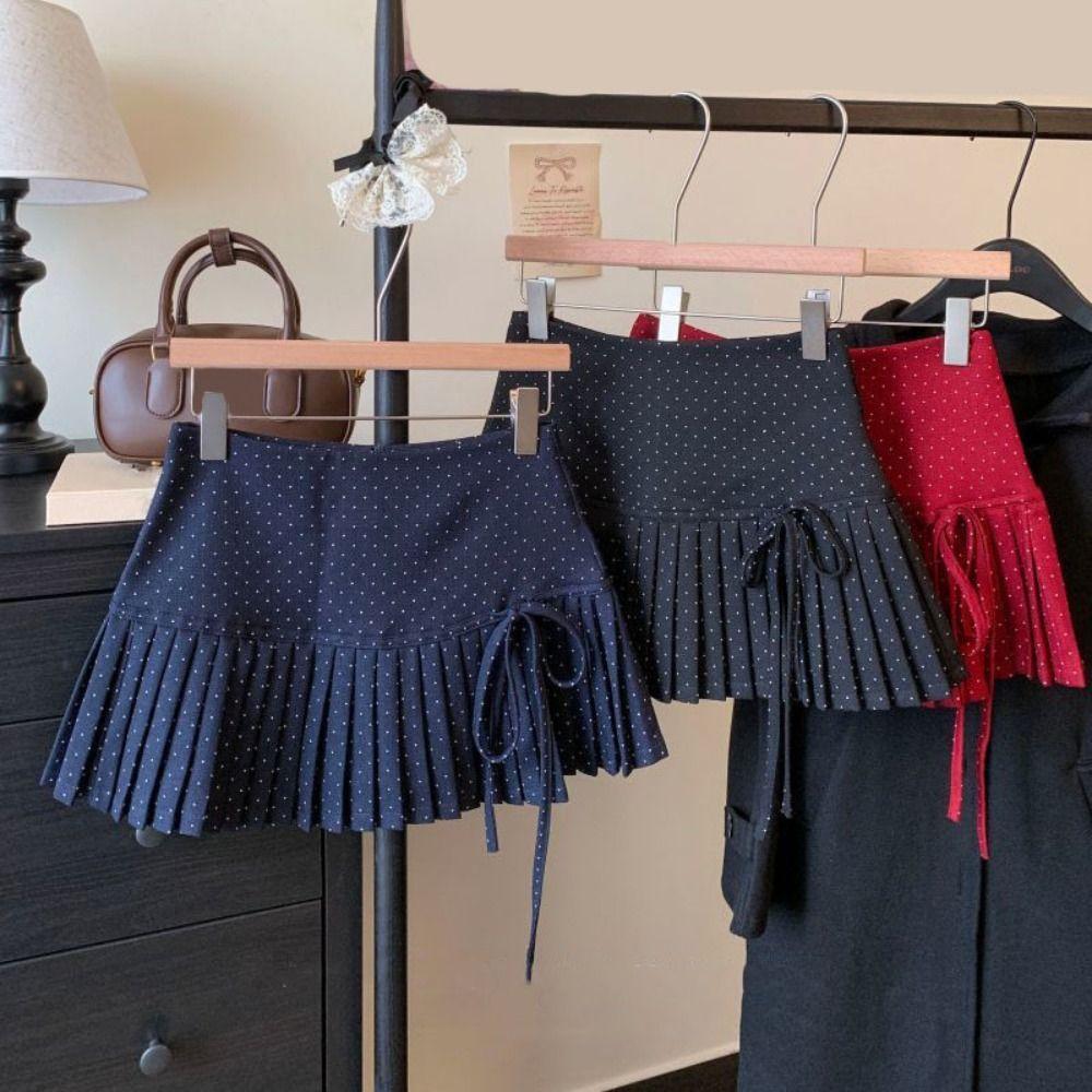 

Bowknot Pleated Skirts for Women Sweet A-line Short Skirts Comfortable Dot Mini Skirt Party S червоний