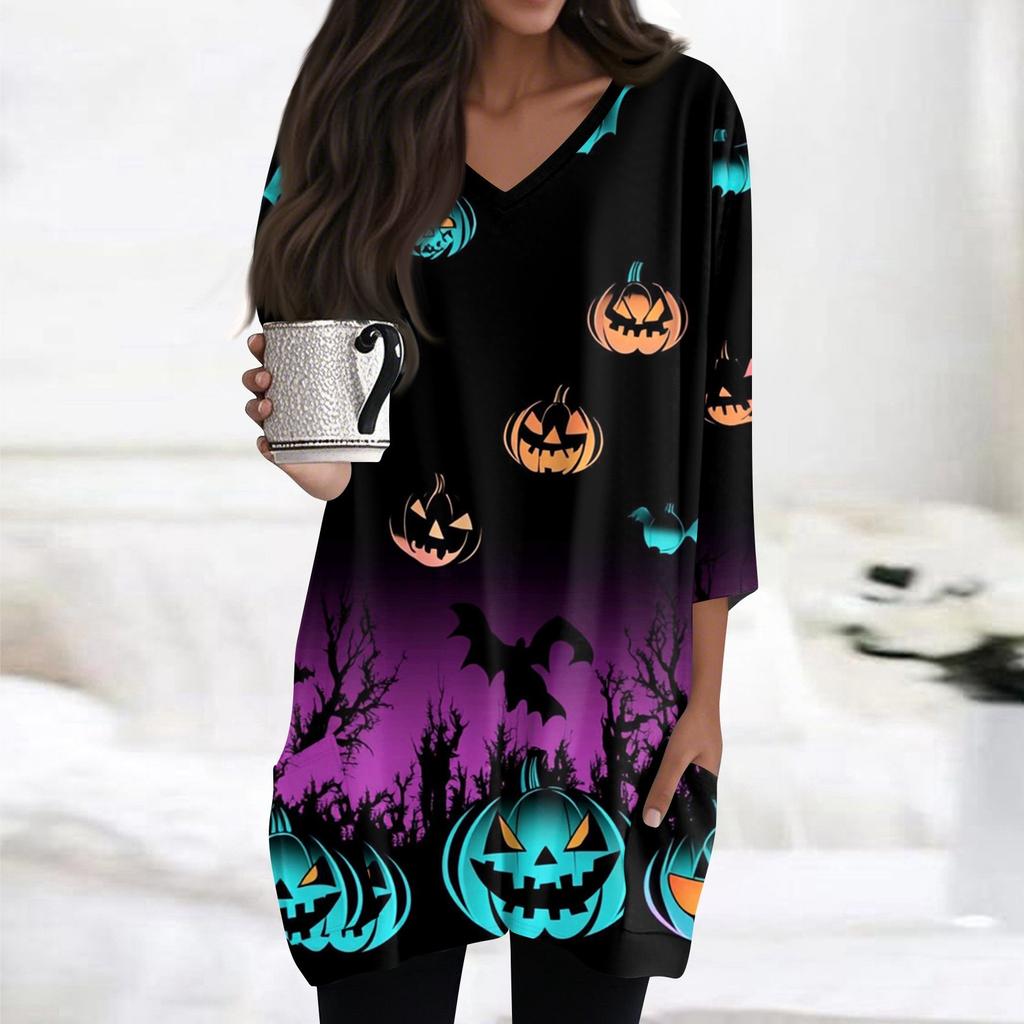 Damen Oberteile V-Ausschnitt 3/4 Ärmel Blusen Lässige Mittellange Hemden Mode Halloween Print Tunika Oberteile Mit Taschen