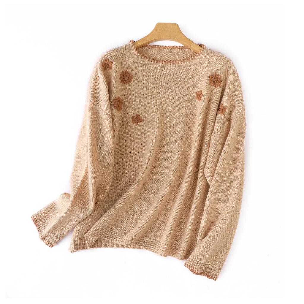 Color Block Embroidered Pure Wool Round Neck Knitwear - Women's Loose Fit Long Sleeve Sweater for Autumn and Winter