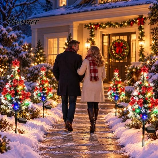 Decorative Christmas Lawn Stakes Solar Tree Stake Light, LED Lighted Artificial with Bow Star Party Supplies Bell Ball, IP65 Waterproof Garden