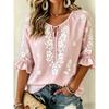 Women's Pink Floral Embroidered Tie Neck Blouse, Casual Loose Tops for Spring Summer Daily Wear & Vacation Occasions