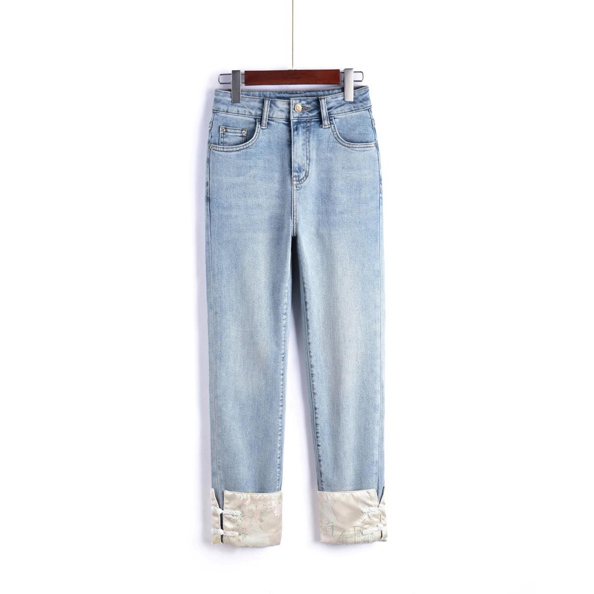 

Women s Embroidered Chinese Style Straight-Leg Jeans: New Nine-Point Cigarette Pants L синій