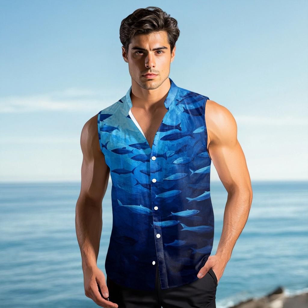 Men's Fashion Printed Sleeveless Lapel Button-Down Shirt Vest Top