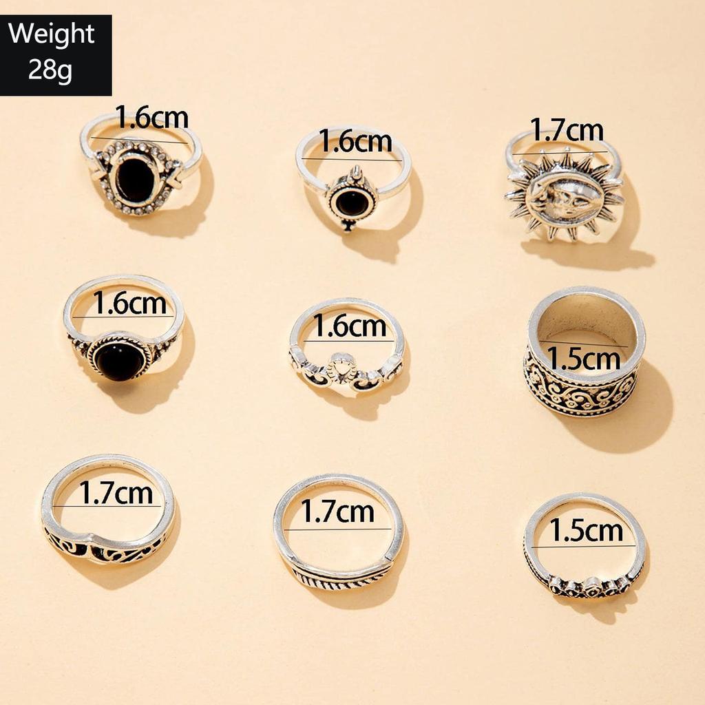Fashion jewelry Vintage carved sun feather cross black gemstone ring multi-piece set set